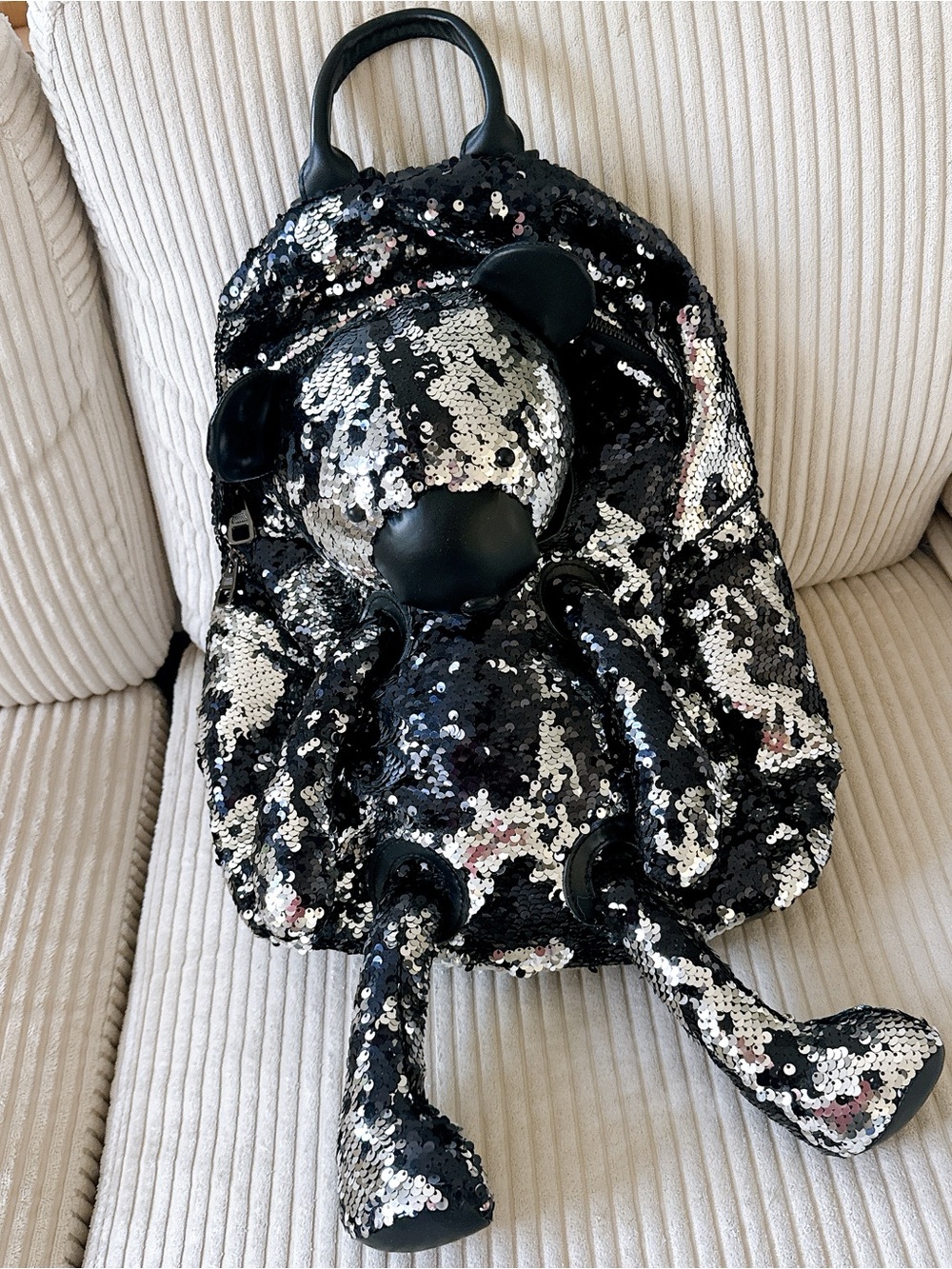 Black Silver Sequin Teddy Bear Backpack 3D Plush Bear